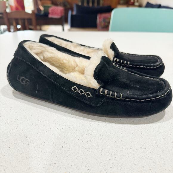 UGG Ansley Water-Resistant Suede Wool Lined Moccasin Slippers Black Size 8 - Picture 4 of 7
